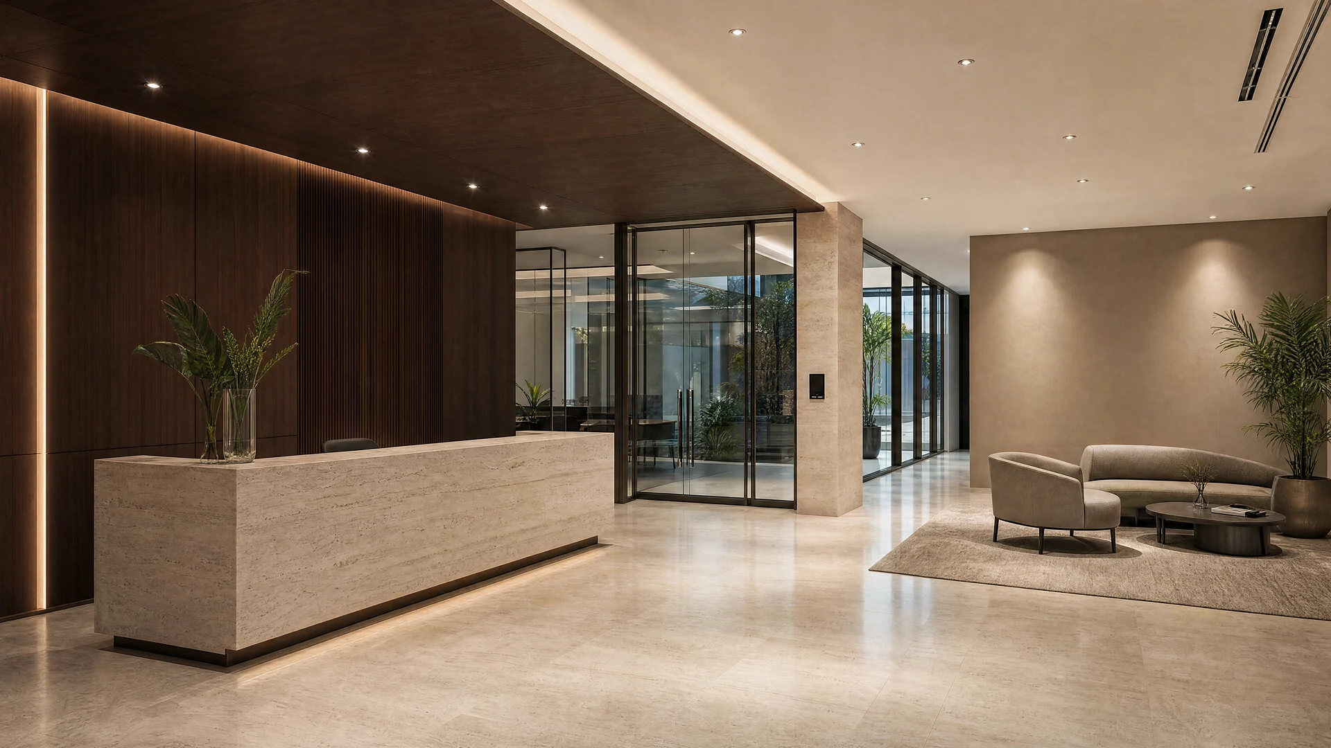 Bright executive-office reception with limestone desk, walnut walls, glass entry, and lounge seating.