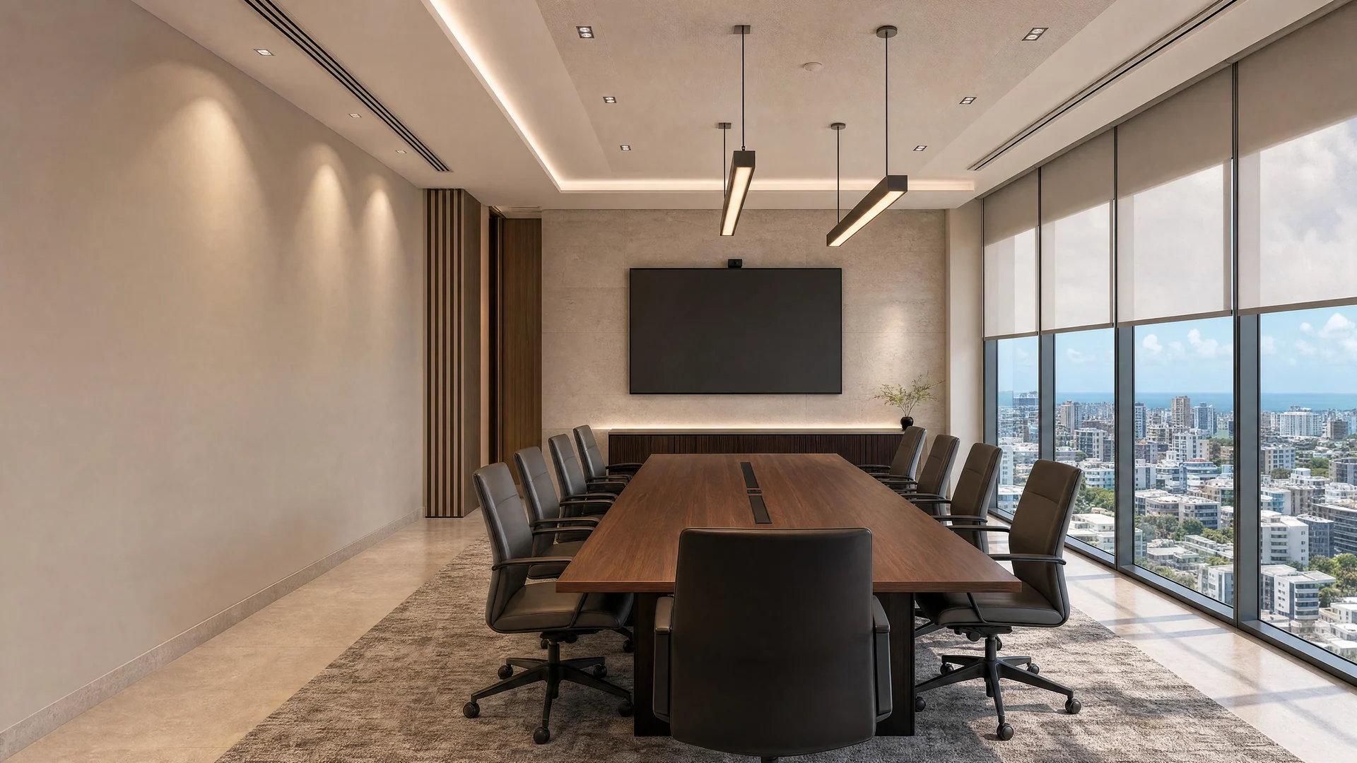 Daylit corporate boardroom prepared for a presentation with controlled shades and integrated systems.