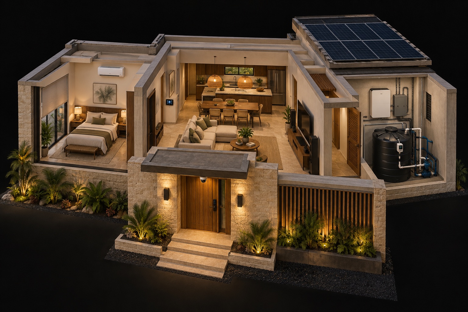 Illustrated house cutaway: bedroom with air conditioner and shade, living room with lighting and television, entry camera, solar panels, battery, and cistern.