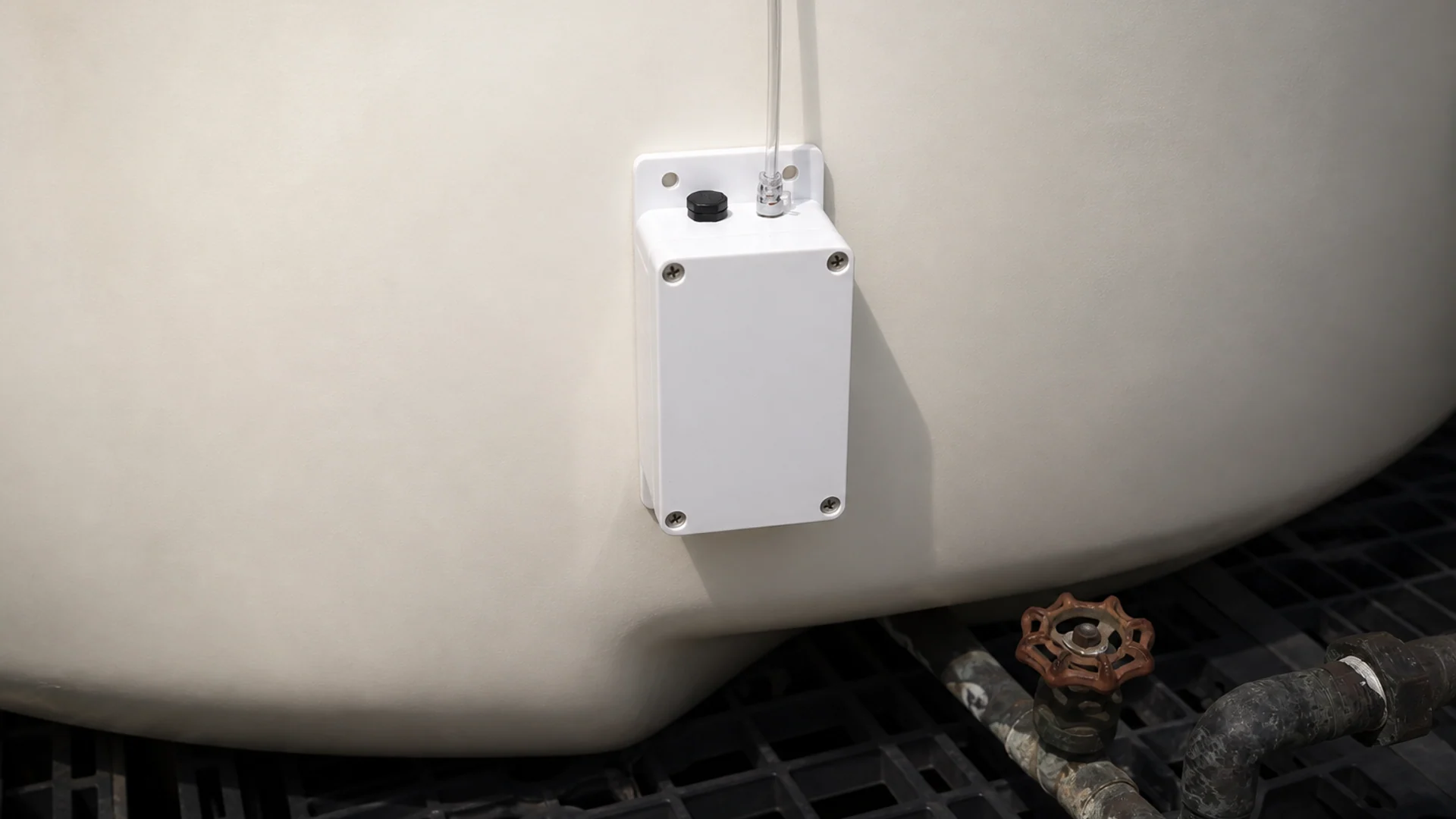 Completed Auctus cistern-monitoring installation showing the enclosure and continuous sensing line.