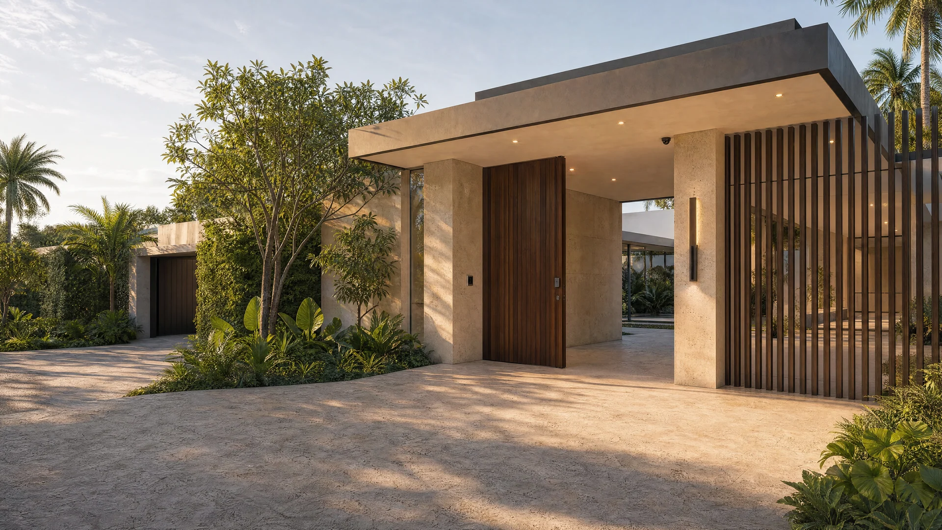 Private tropical residence entrance with a deep canopy, timber door, and discreet access hardware.