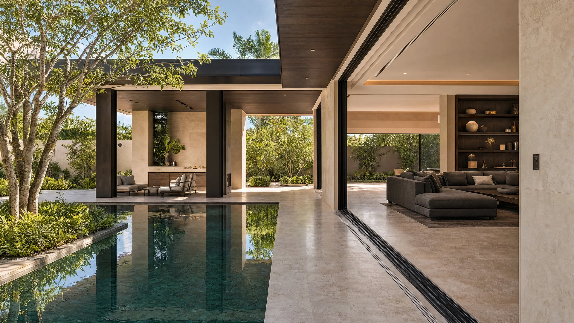 Bright great room opening fully to a courtyard pool with concealed shades and layered lighting.