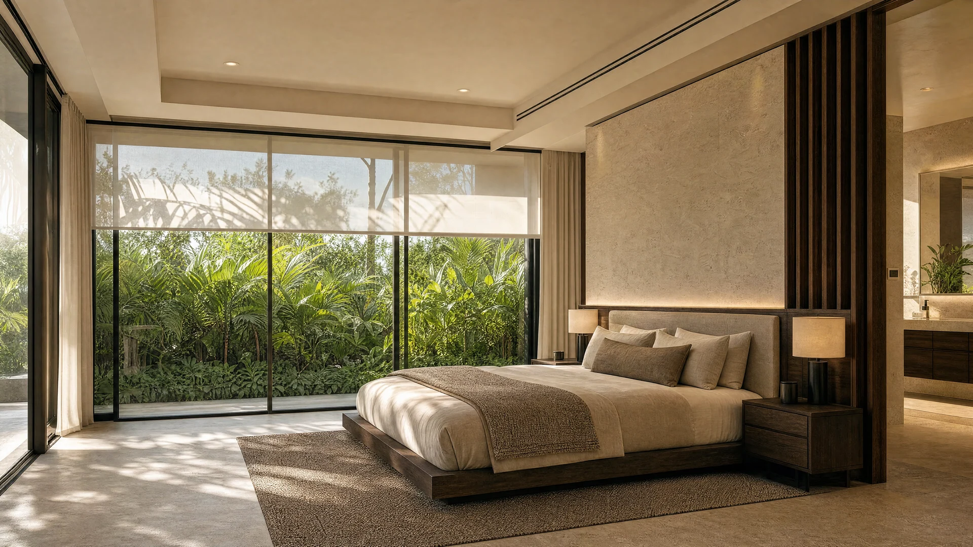 Calm primary suite in morning light with motorized shades and discreet climate control.